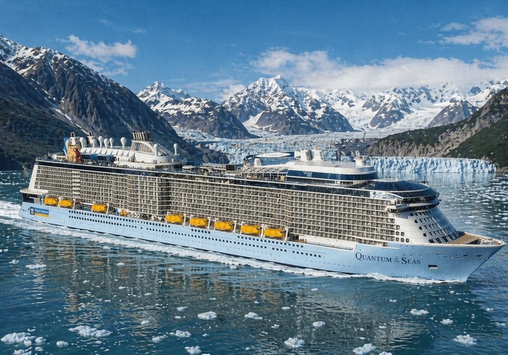 Crucero blanco navegando por un fiordo con hielo flotante, glaciares y montañas nevadas al fondo.