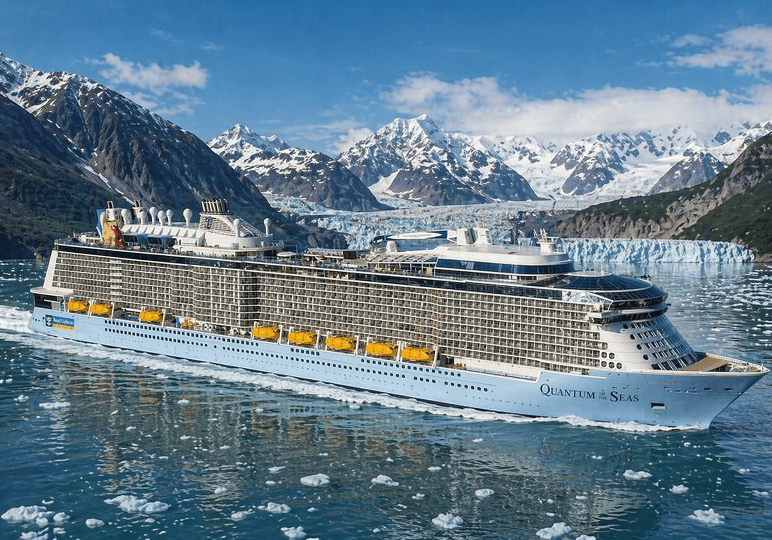 Crucero blanco navegando por un fiordo con hielo flotante, glaciares y montañas nevadas al fondo.