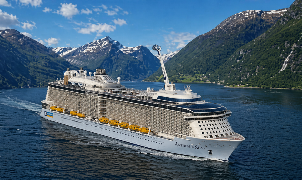 Crucero blanco visto desde arriba navegando en mar abierto con el océano oscuro de fondo.