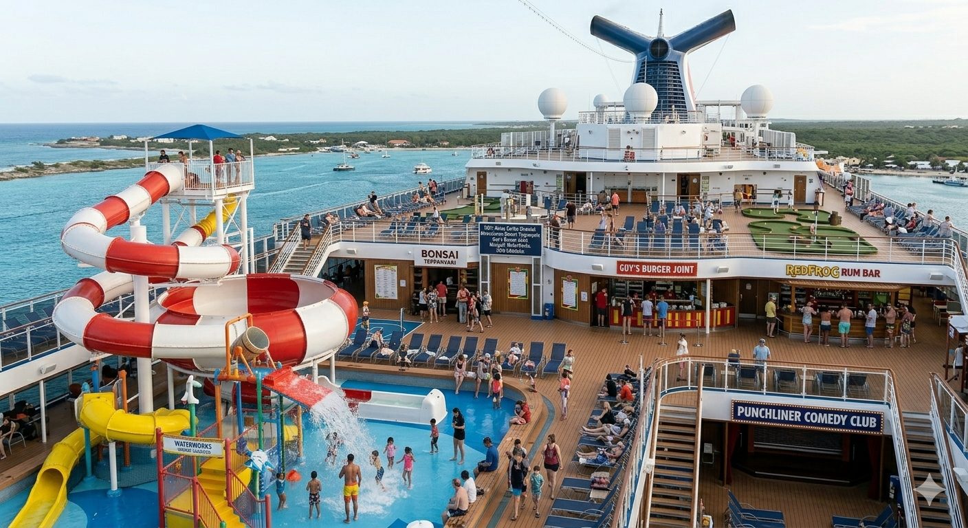 Vista panorámica de la cubierta de un crucero Carnival Horizon. Se observa un parque acuático con toboganes, varios restaurantes de especialidades como Bonsai Teppanyaki y Guy's Burger Joint, y áreas de descanso con hamacas y pasajeros. El barco navega cerca de una costa tropical bajo un cielo despejado.
