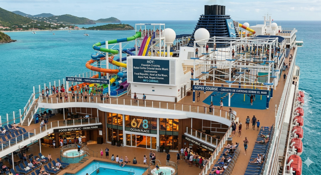 Vista fotorrealista de la cubierta superior del crucero Norwegian Escape navegando por el Caribe cerca de una isla. Muestra un parque acuático con toboganes, un gran circuito de cuerdas suspendido, un panel LED central con información en español, y áreas de piscinas y restaurantes como Food Republic y Howl at the Moon, con pasajeros disfrutando del sol.