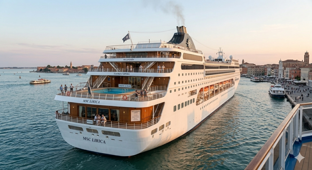Vista de la popa del crucero MSC Lirica navegando por Venecia al atardecer. El barco muestra cubiertas de madera con pasajeros, ventanales de restaurantes y una piscina pequeña. Al fondo se ve el perfil de la ciudad italiana y otras embarcaciones menores en el agua bajo un cielo anaranjado.