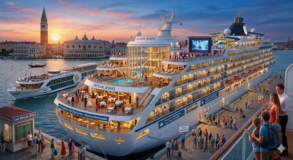 Vista panorámica de un crucero de lujo al atardecer en un puerto histórico. Se observa a los pasajeros cenando, disfrutando de la piscina y embarcando. Incluye un área de ofertas de viaje y un crucero fluvial al fondo, representando diversas opciones de vacaciones marítimas.
