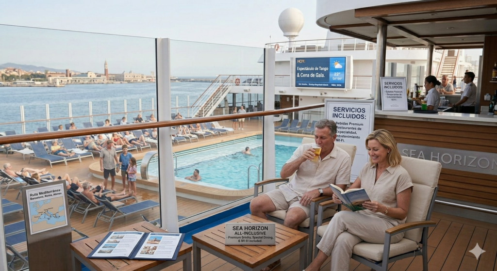 Una pareja relajada en la cubierta de un crucero frente al mar. En primer plano, carteles informativos detallan los servicios incluidos del paquete de viaje. Se ve la zona de piscina, una barra de bar y un mapa con el itinerario por el Mediterráneo, todo bajo una luz natural de atardecer.
