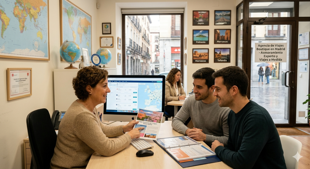 Una agente de viajes profesional en una oficina de Madrid muestra un itinerario personalizado en una pantalla y un folleto a una pareja joven, con mapas y fotos de destinos internacionales de fondo.