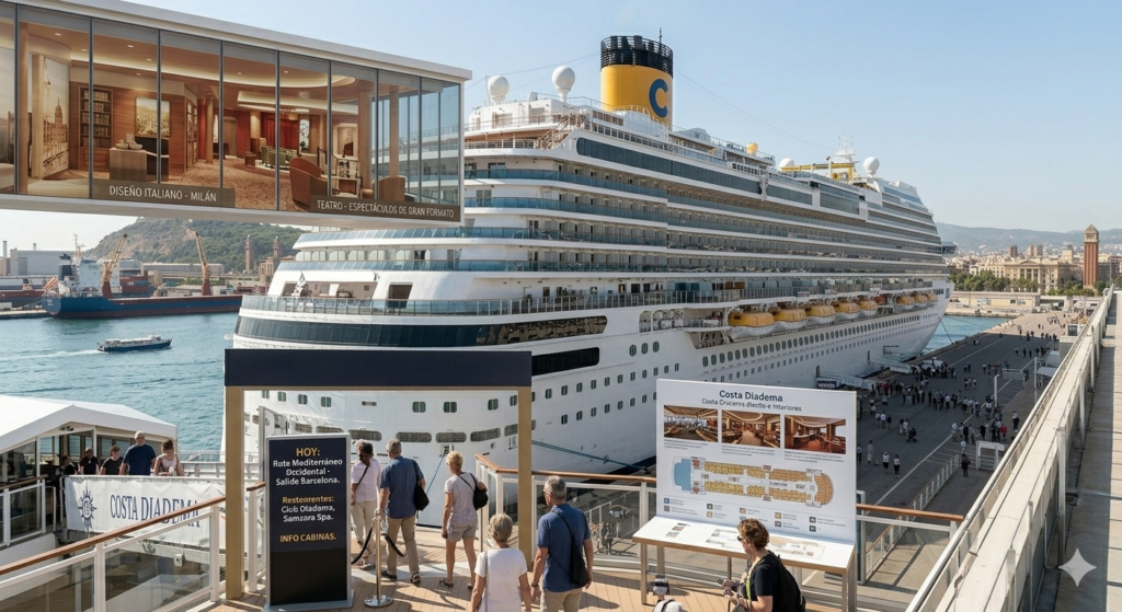 Vista lateral del crucero Costa Diadema atracado en un puerto. El barco es blanco con una chimenea amarilla distintiva. En el muelle, pasajeros caminan hacia el embarque junto a paneles informativos que muestran el diseño interior y las cubiertas del buque. Al fondo se divisa la ciudad y el mar bajo una luz diurna clara.