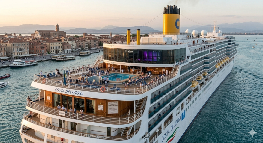 Vista desde atrás del crucero Costa Deliziosa navegando al atardecer cerca de una ciudad costera europea. Se ve la chimenea amarilla con la "C" azul, pasajeros en las cubiertas exteriores, una piscina y grandes ventanales que muestran el teatro y el restaurante. El mar está en calma bajo un cielo de tonos cálidos.