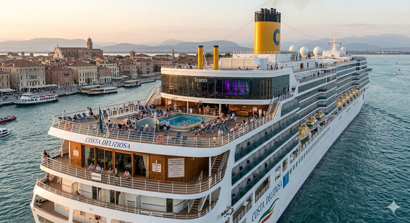 Vista desde atrás del crucero Costa Deliziosa navegando al atardecer cerca de una ciudad costera europea. Se ve la chimenea amarilla con la "C" azul, pasajeros en las cubiertas exteriores, una piscina y grandes ventanales que muestran el teatro y el restaurante. El mar está en calma bajo un cielo de tonos cálidos.